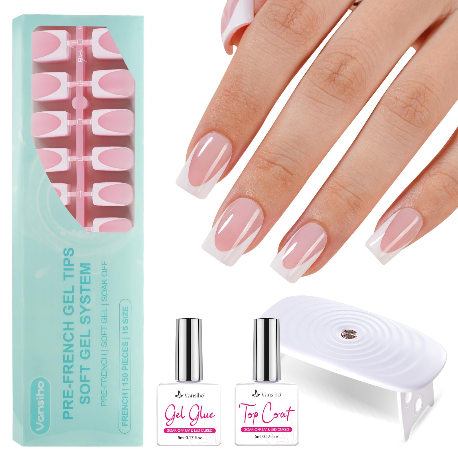 Vansiho gel nail kit with pink deep short square tips ready for a DIY manicure.