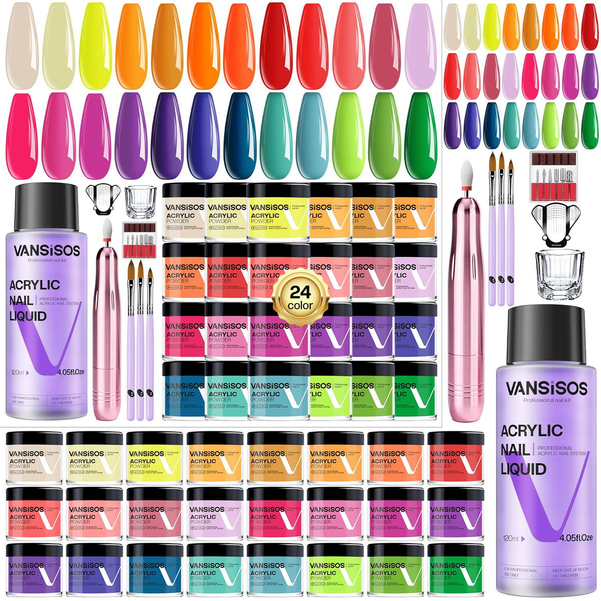 VANSISOS acrylic nail kit 24 colors palette for at-home manicures with a smooth finish.