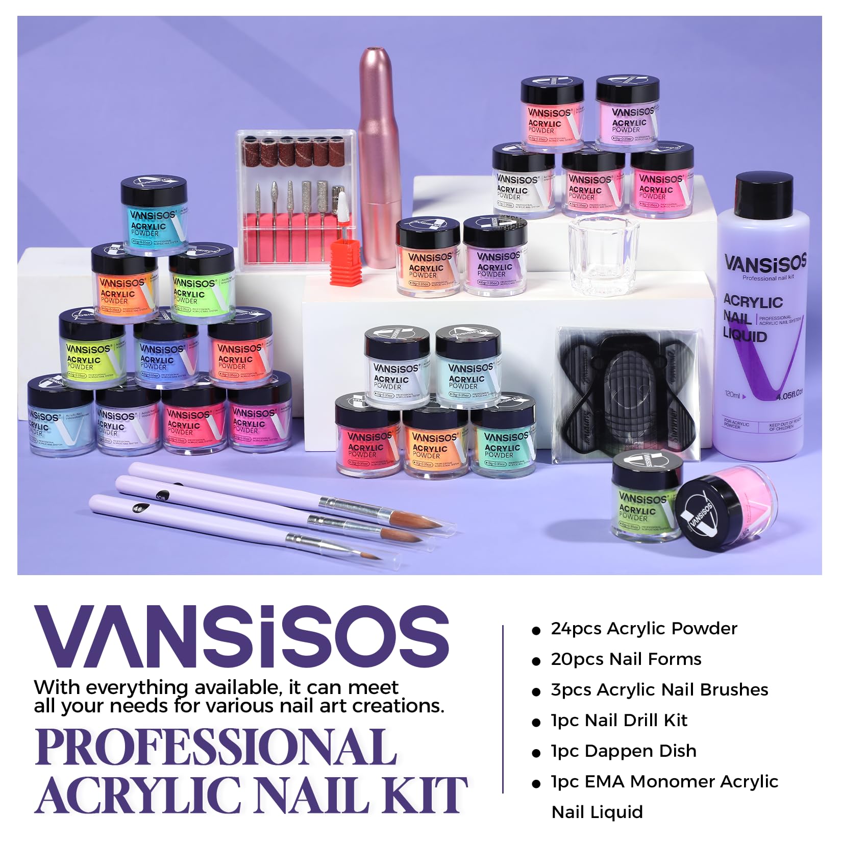 VANSISOS acrylic nail kit color swatches show shade options.