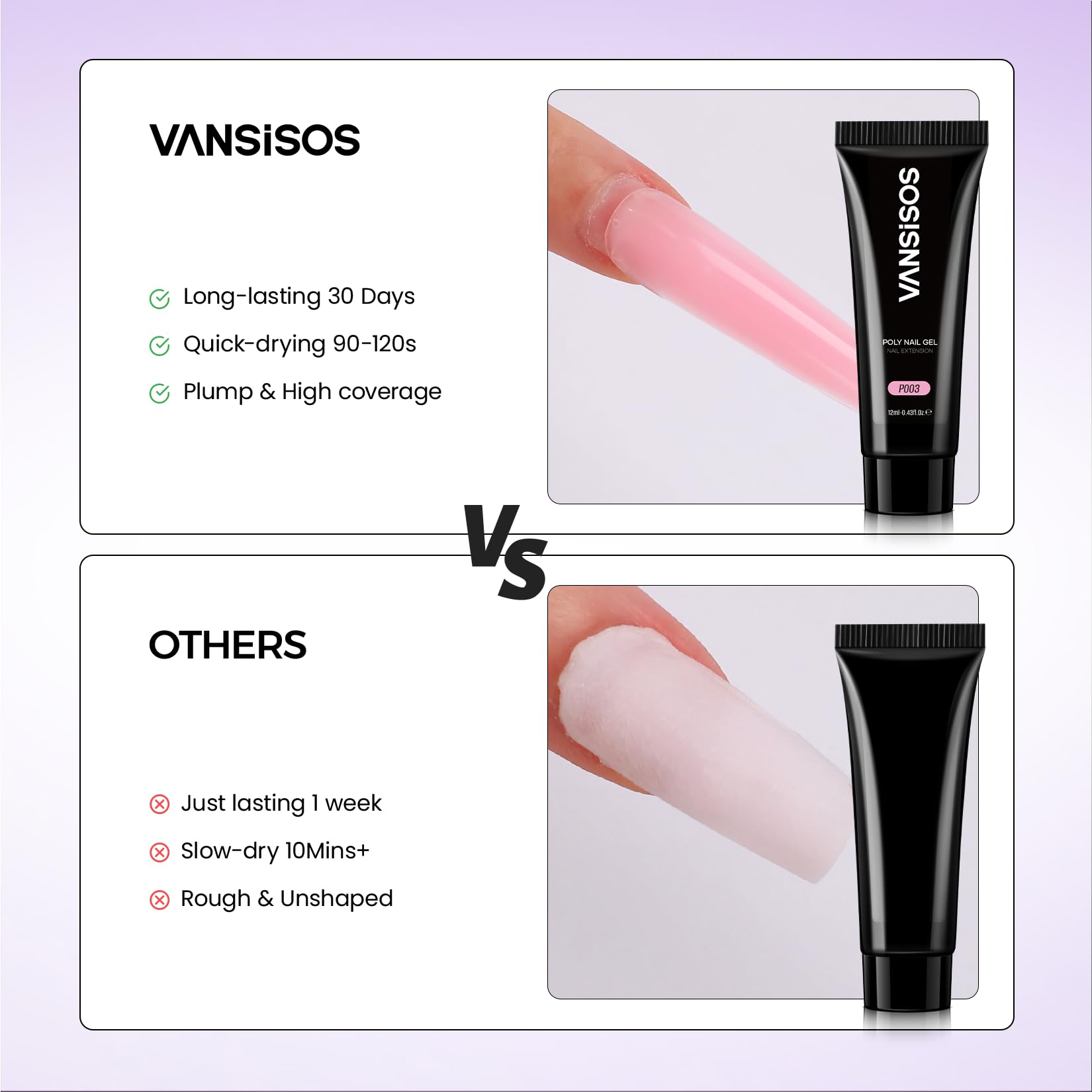VANSISOS Poly Nail Gel Kit top coat provides long-lasting shine.