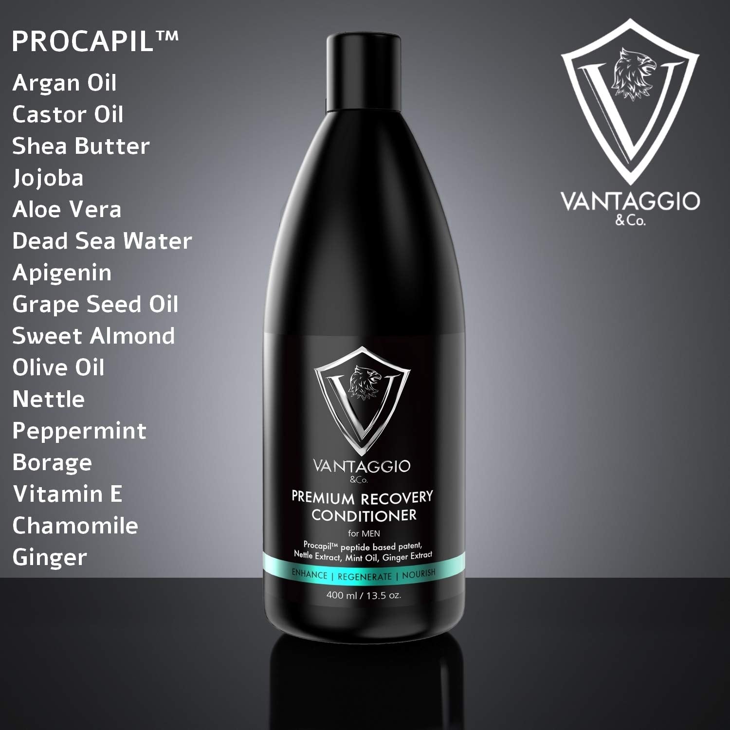 Vantaggio & Co. PROCAPIL ingredients panel highlights natural blend for healthier hair.