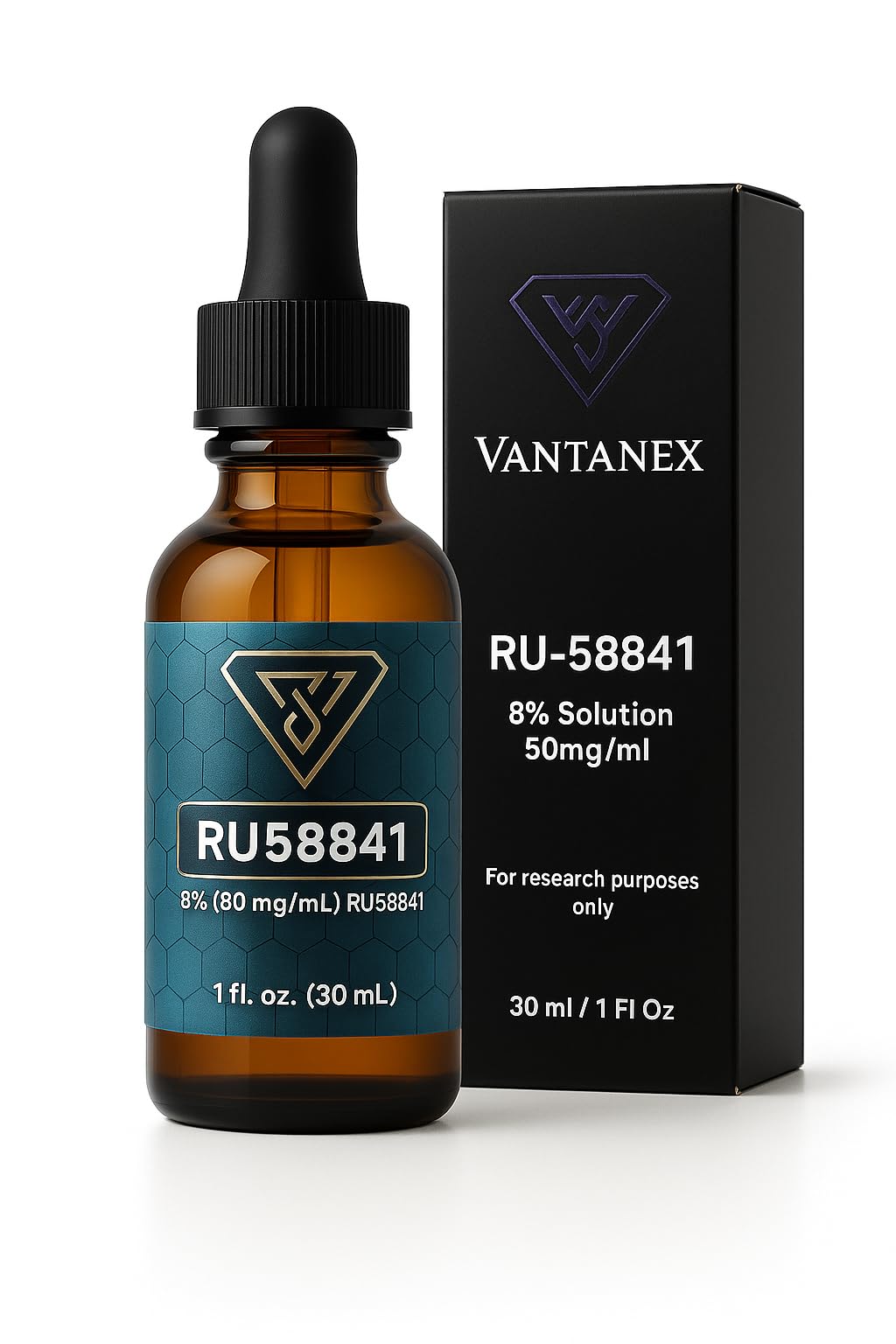 Vantanex RU-58841 8% topical solution on bathroom shelf for daily regimen