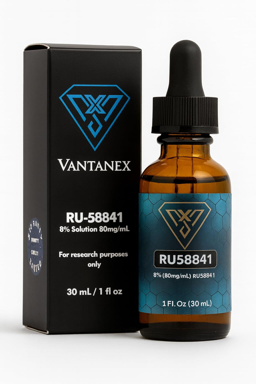 Vantanex RU-58841 8% topical solution bottle ready for targeted scalp application