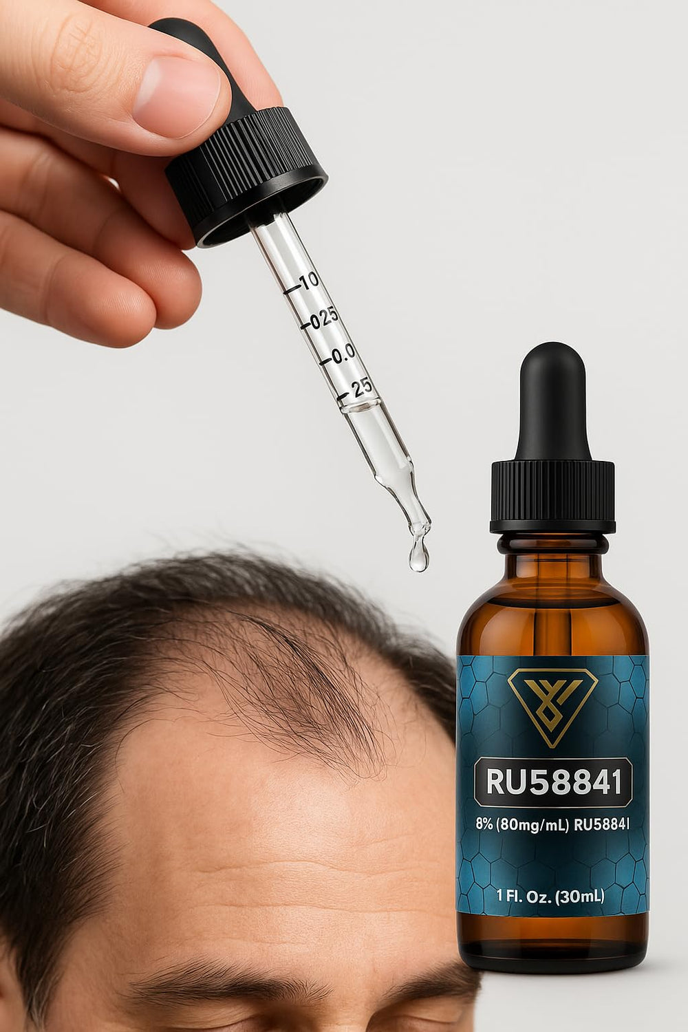 Close-up of Vantanex RU-58841 8% dropper for precise dosing on thinning areas