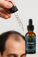 Close-up of Vantanex RU-58841 8% dropper for precise dosing on thinning areas