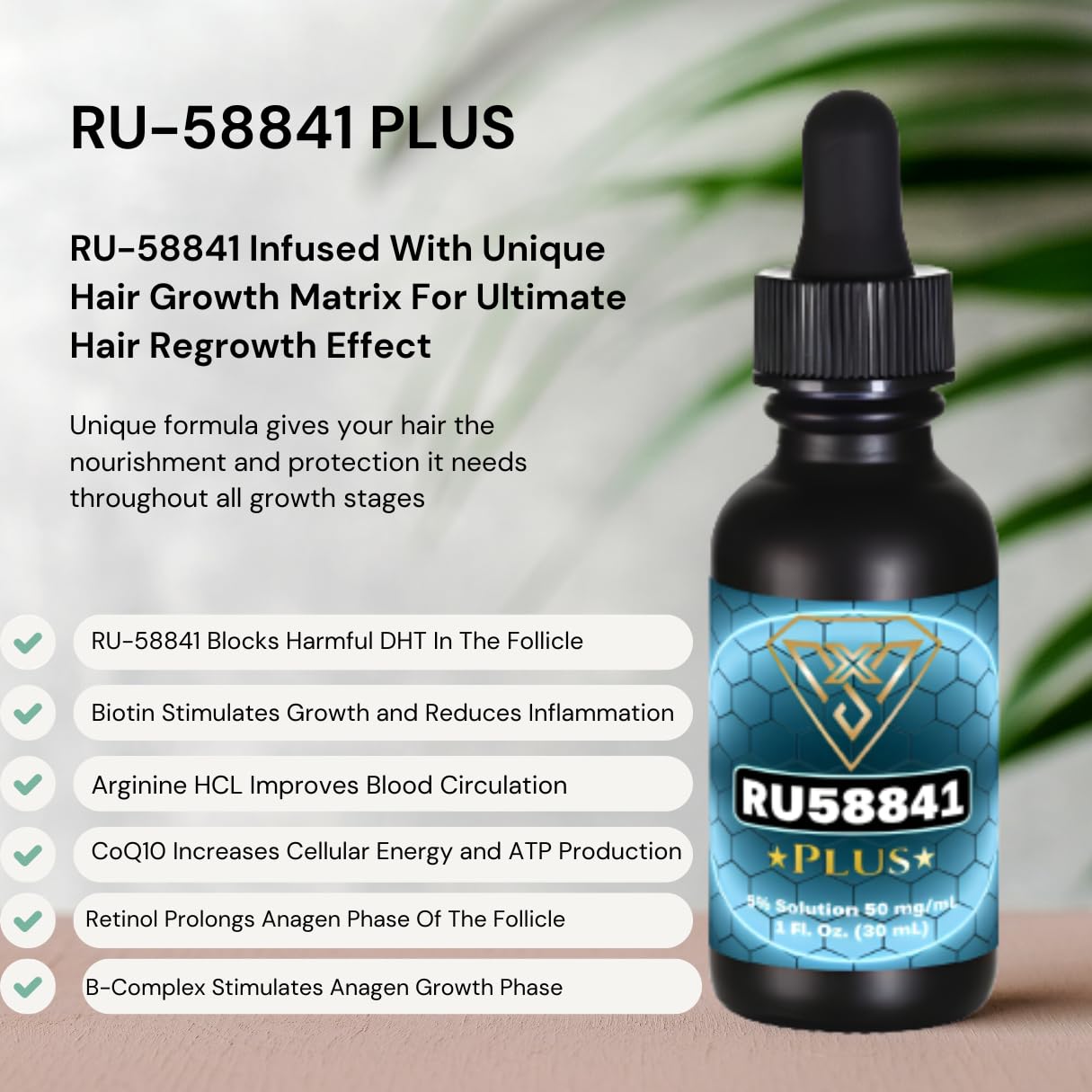 Vantanex RU58841 Plus ingredients label close-up providing formula transparency.