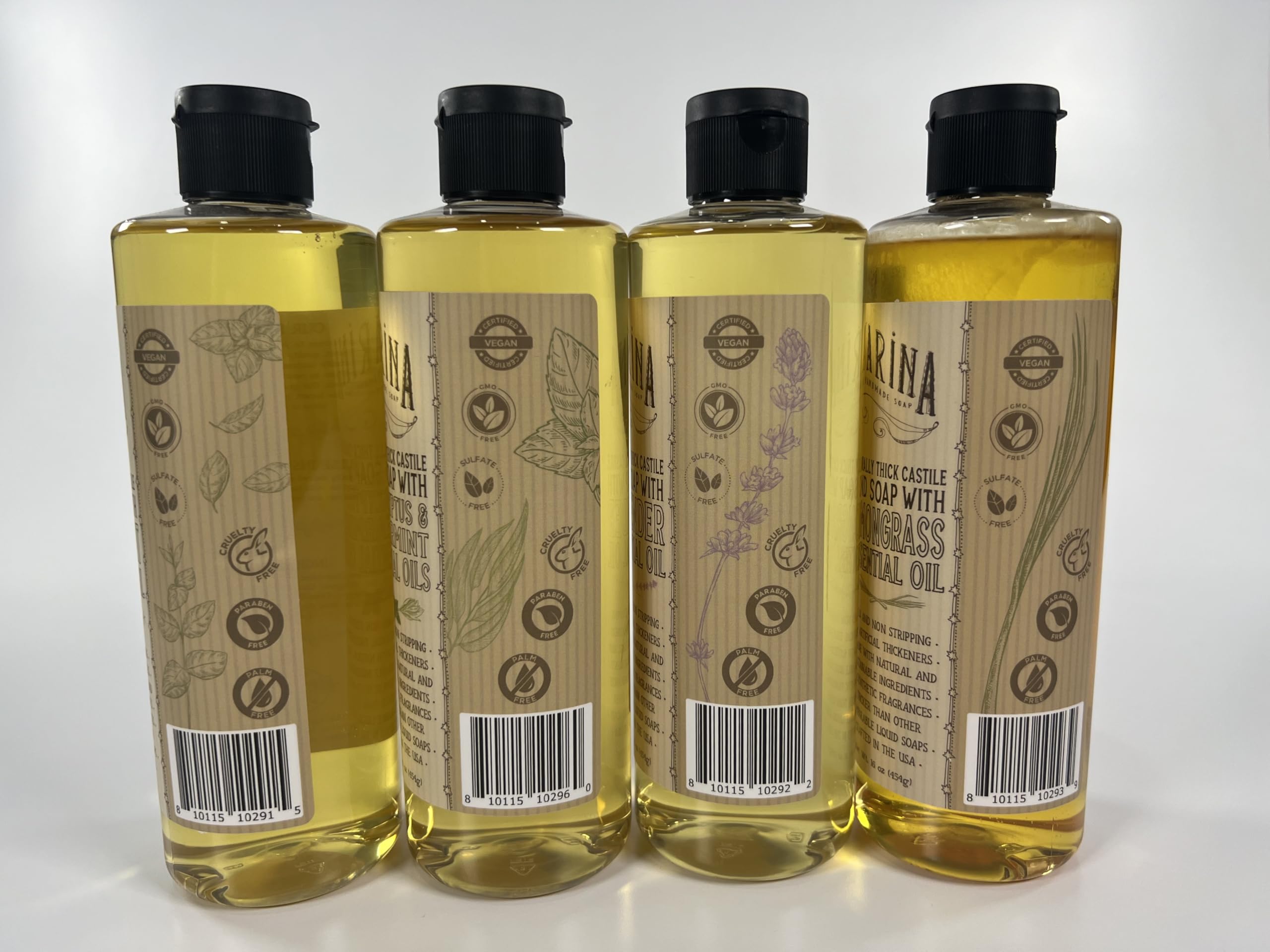 Varina Castile Soap eucalyptus spearmint bottle highlighting natural freshness.