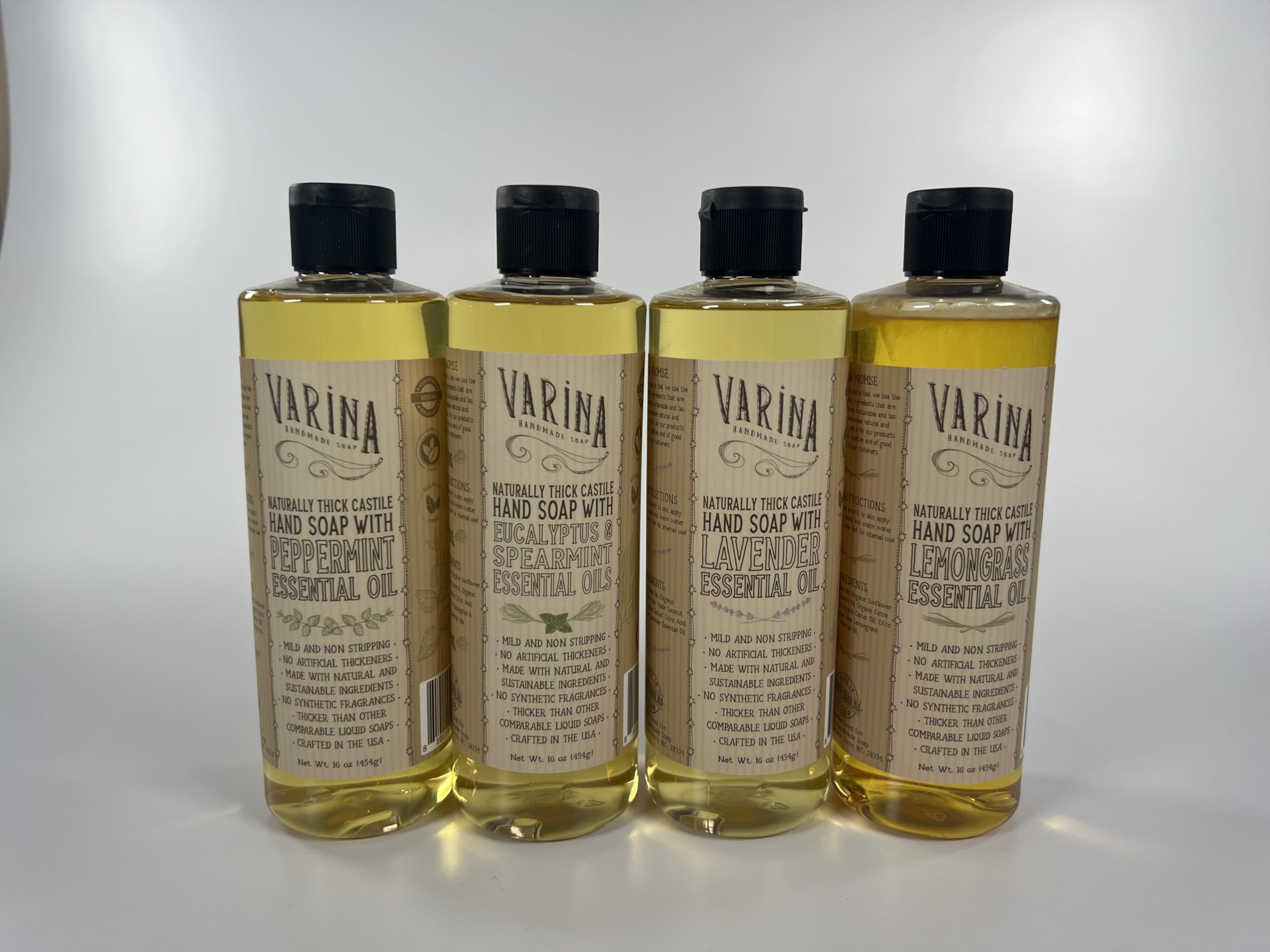 Varina Castile Soap lavender bottle close-up for soothing scent.