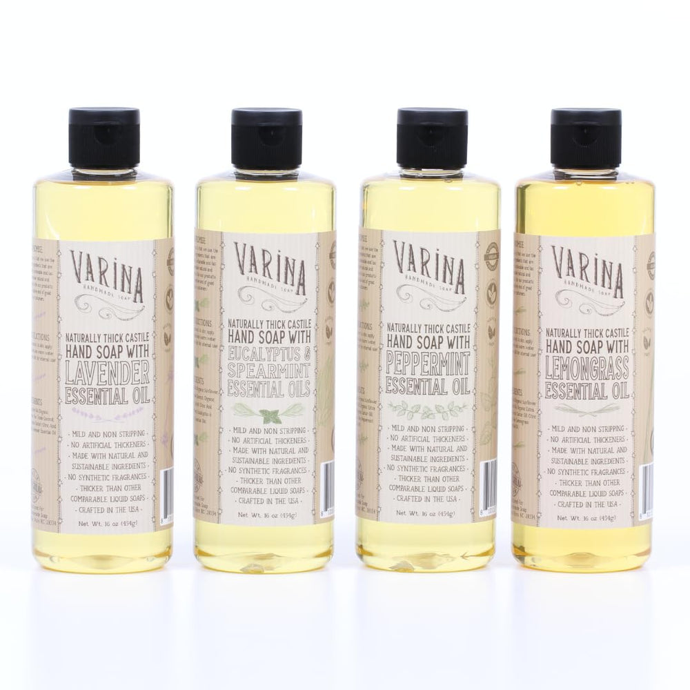 Varina Castile Soap peppermint bottle pouring for fresh hands.