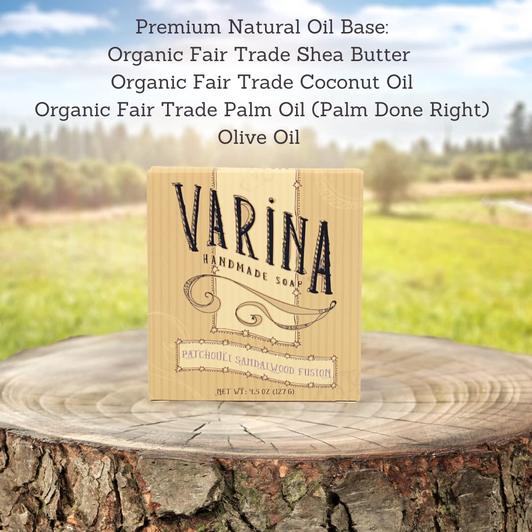 Varina Patchouli Sandalwood Soap Bar close-up with natural oats for gentle exfoliation.