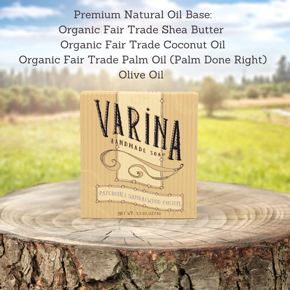 Varina Patchouli Sandalwood Soap Bar close-up with natural oats for gentle exfoliation.