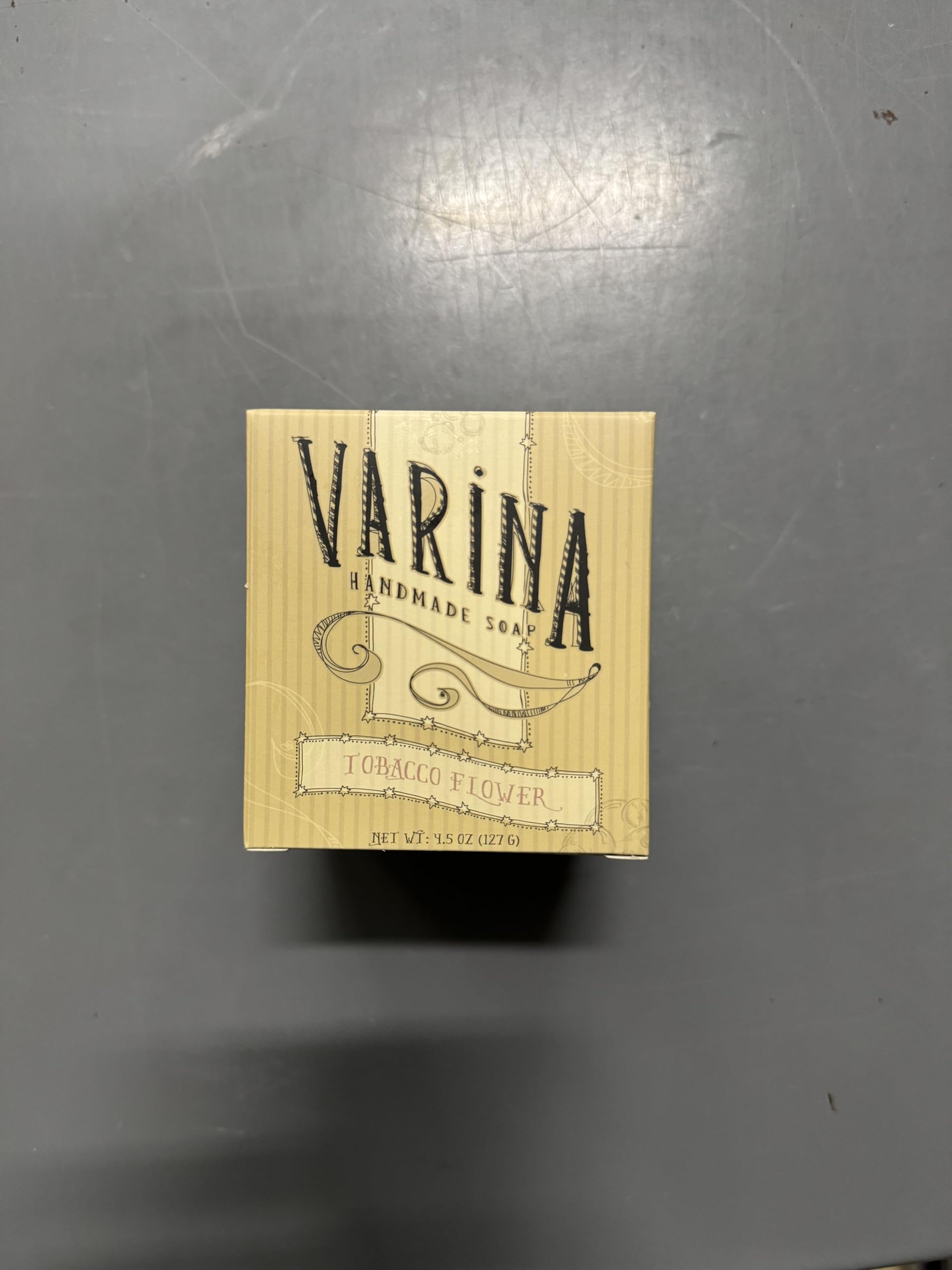 Varina tobacco flower bar soap close-up reveals creamy texture for sensitive skin.
