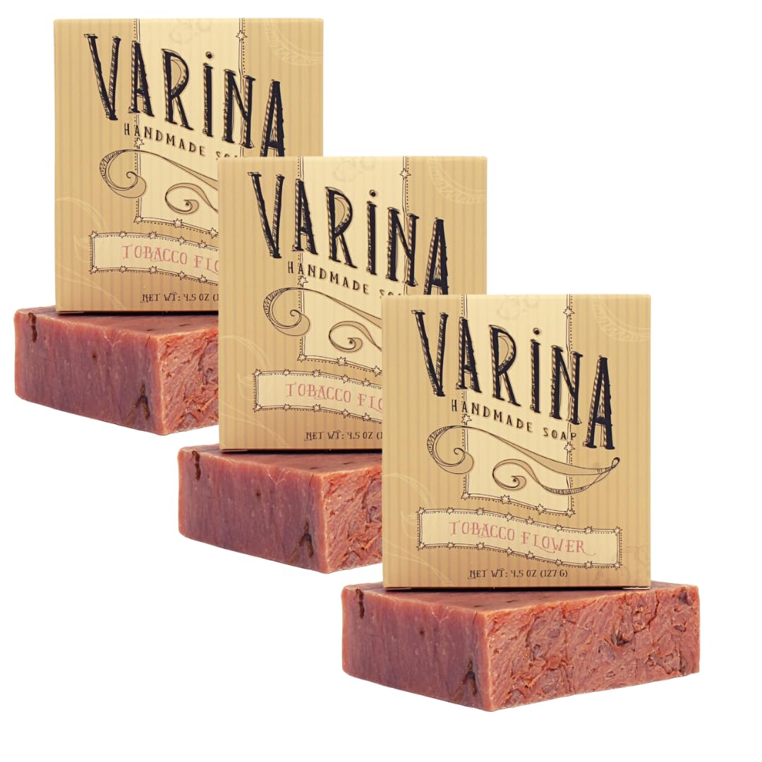 Varina Tobacco Flower Bar Soap pack front shows a three-pack for gentle daily cleansing.