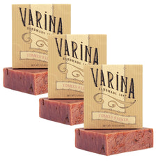 Varina Tobacco Flower Bar Soap pack front shows a three-pack for gentle daily cleansing.