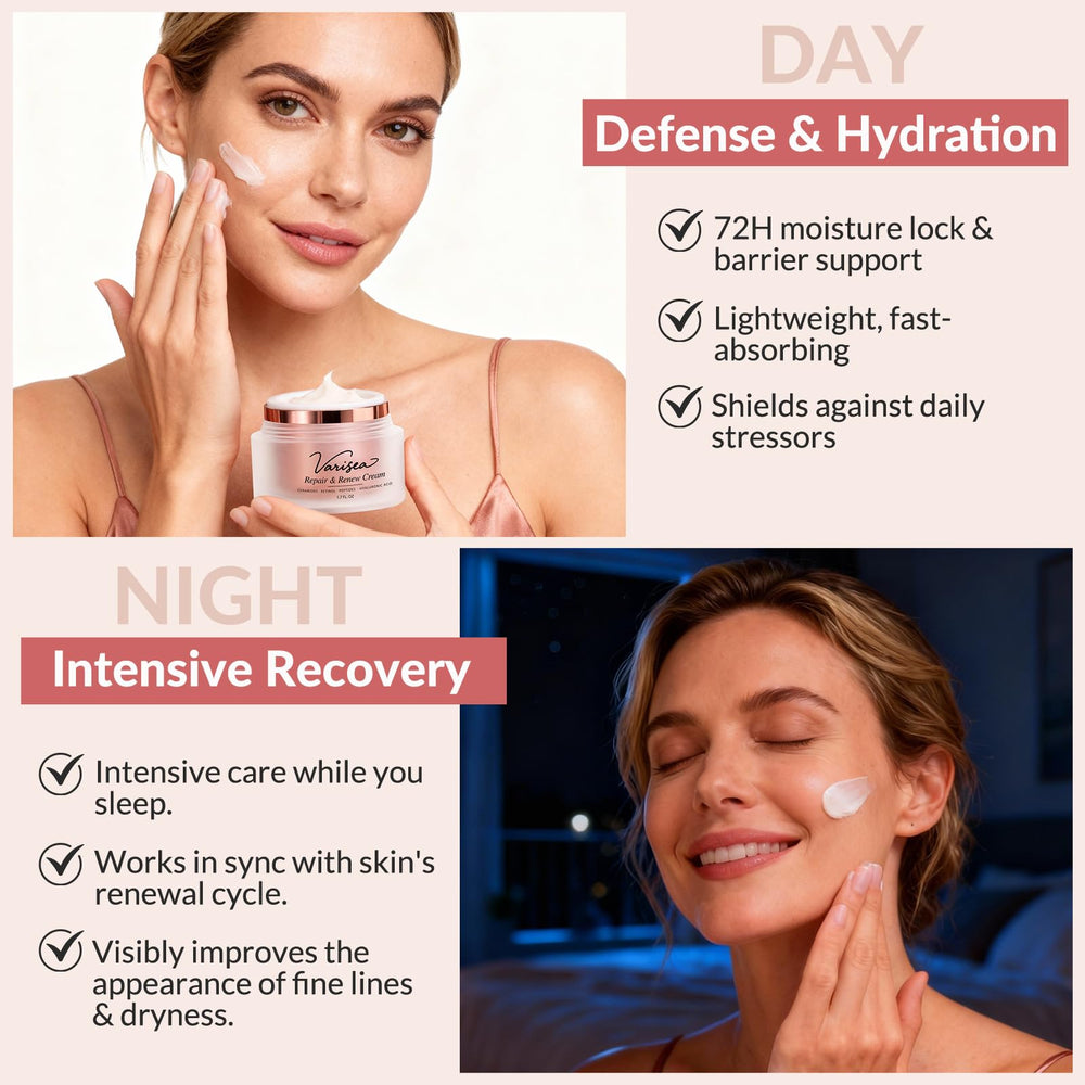 Varisea Ceramides skin barrier close-up emphasizes reinforced moisture protection.