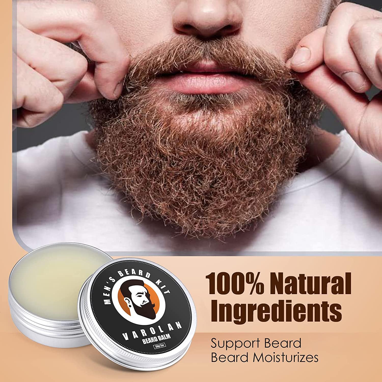 Varolan Beard Balm pot conditions facial hair for softness and manageability.