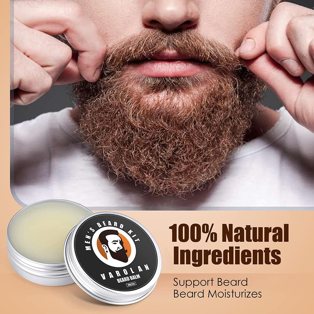 Varolan Beard Balm pot conditions facial hair for softness and manageability.