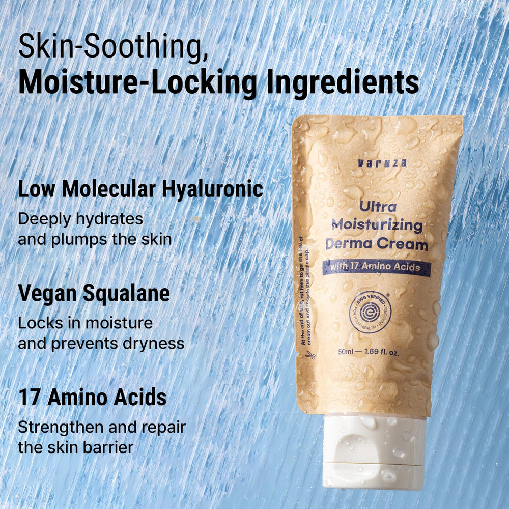 Hyaluronic acid action close-up in Varuza Derma Cream suggesting plumping hydration.