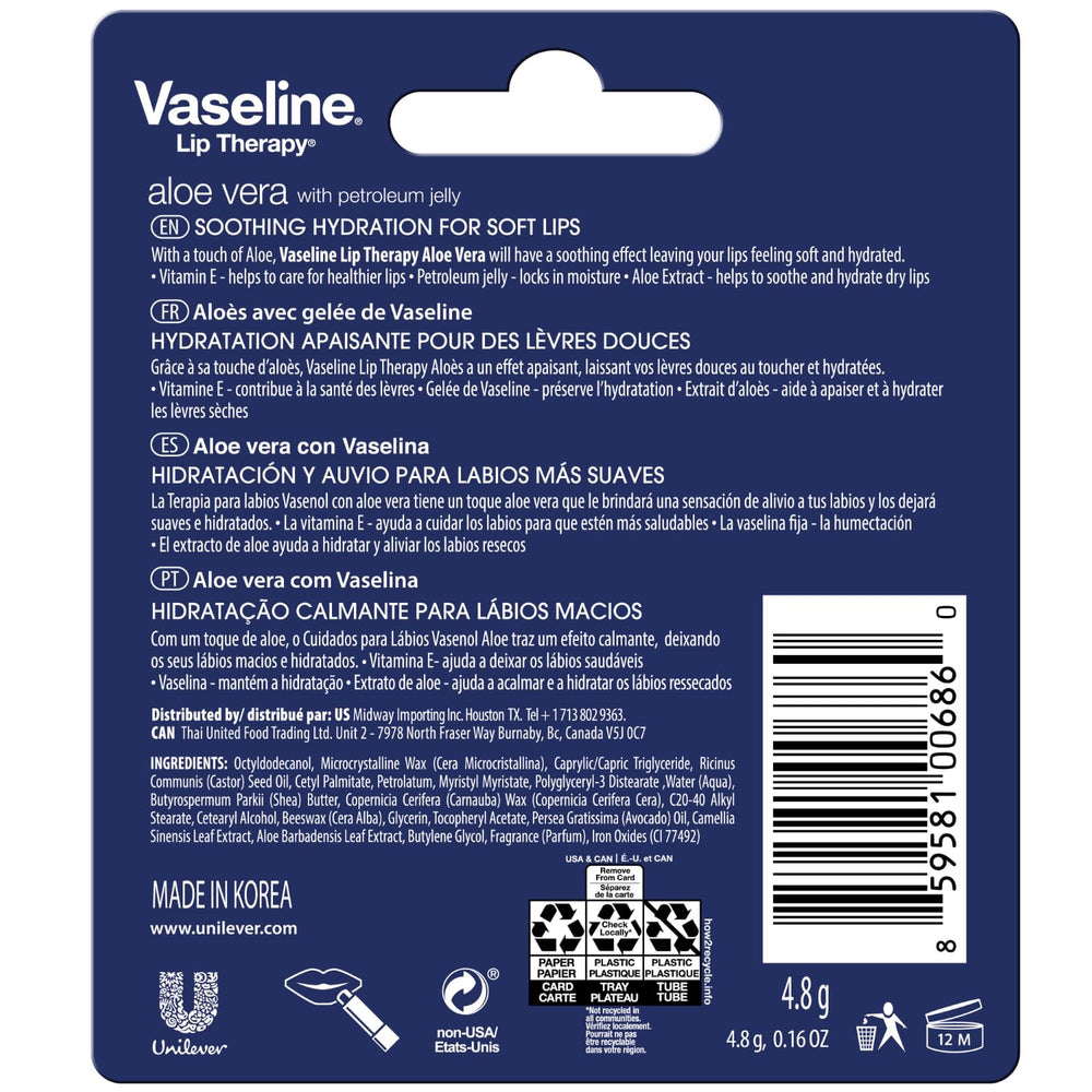 Vaseline Baume à lèvres Aloe Fresh – stick en gros plan, texture riche et hydratante.