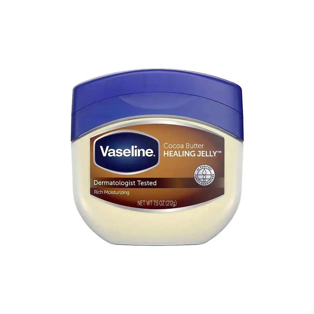 Vaseline Cocoa Butter Petroleum Jelly jar close-up for deep moisturization and skin protection.