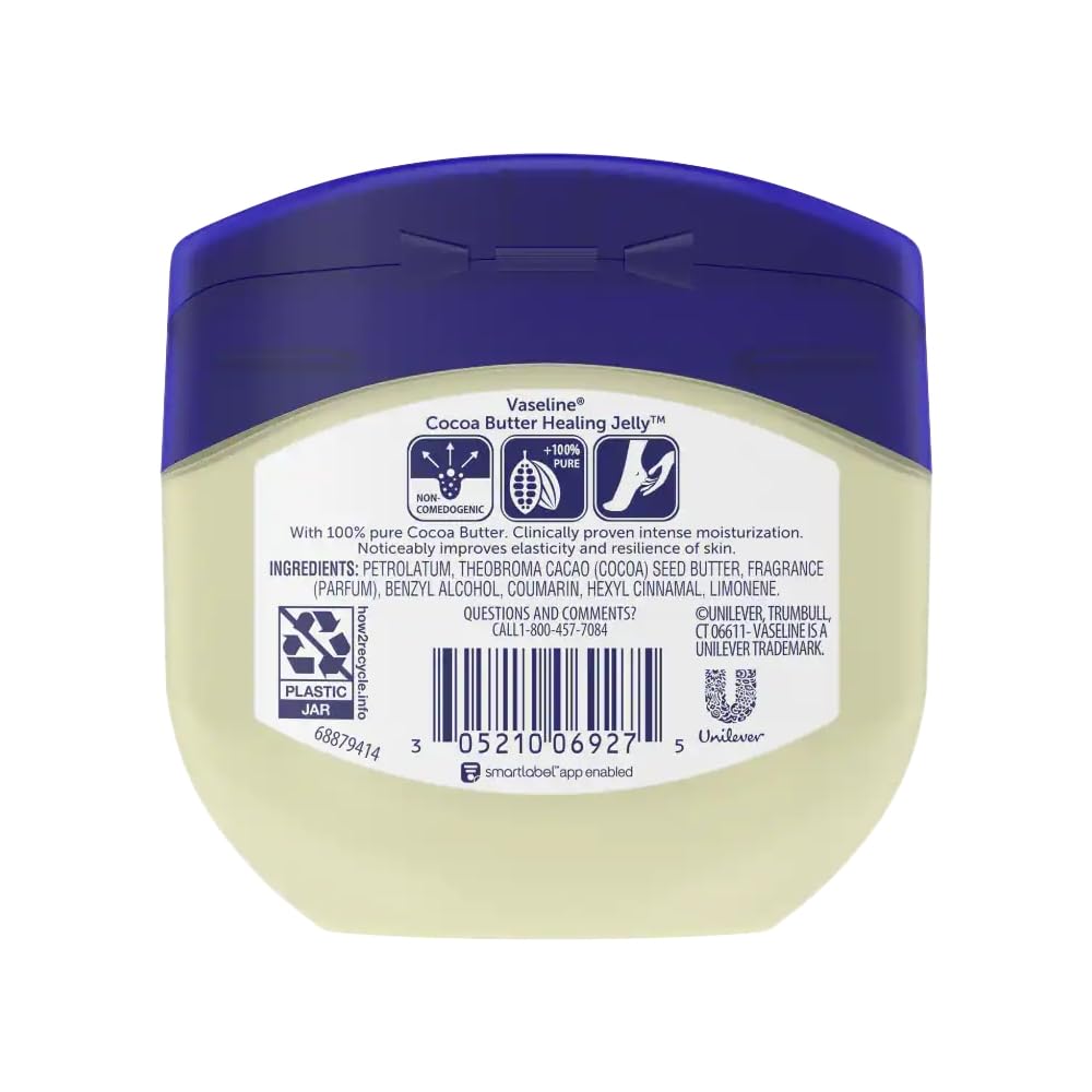 Vaseline Cocoa Butter Petroleum Jelly jar side view ideal for dry skin relief and barrier support.
