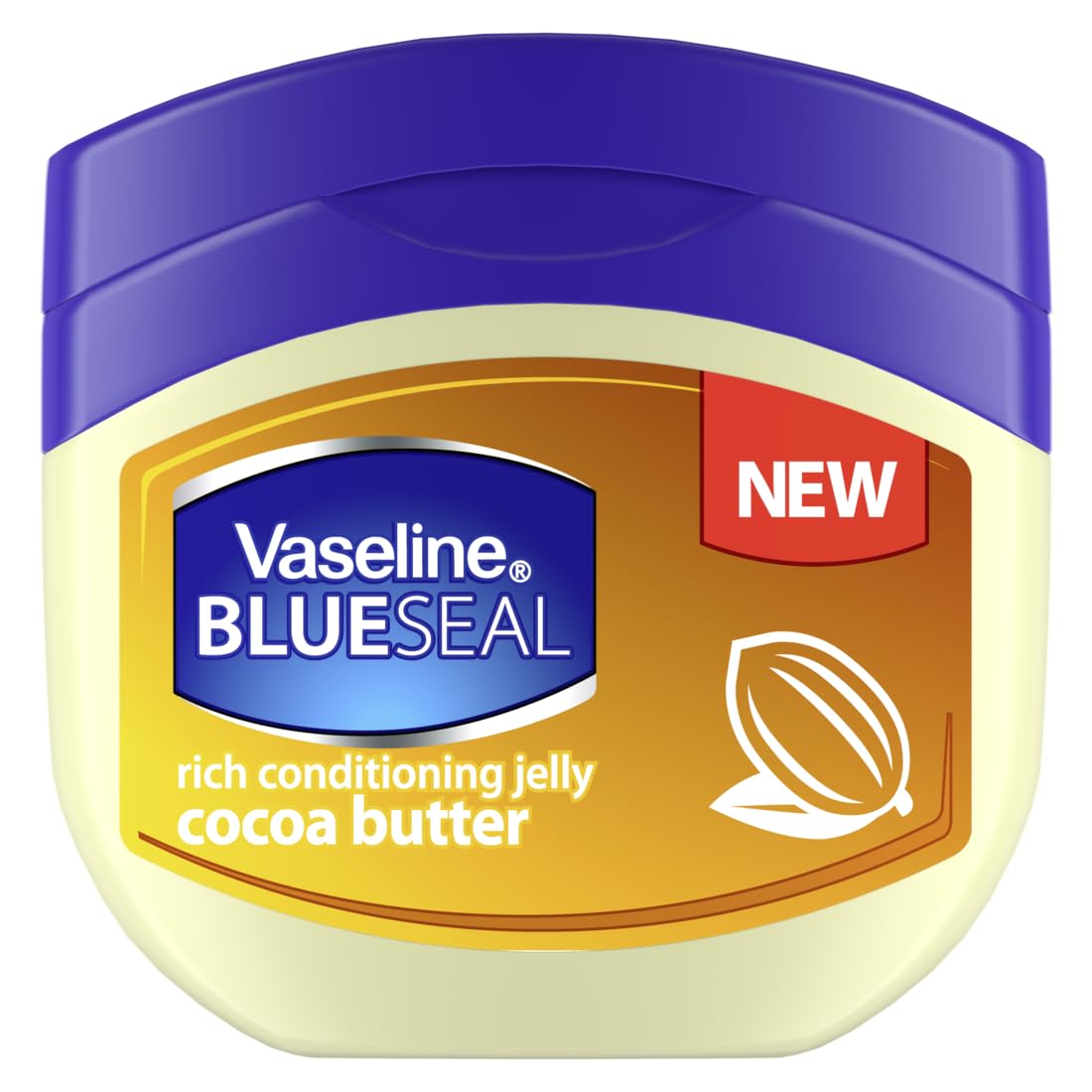 Vaseline Cocoa Butter Rich Conditioning Jelly bottle on a bathroom shelf for daily moisture.