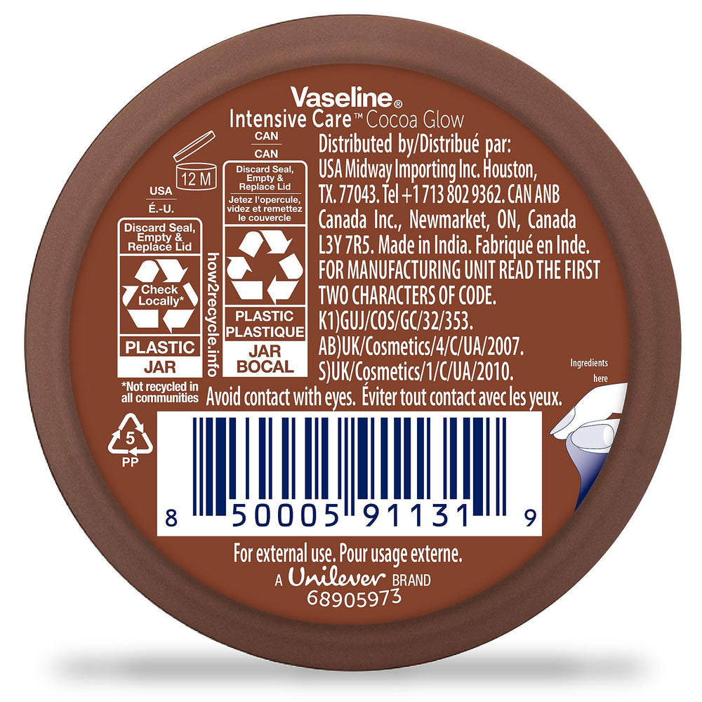 Vaseline Cocoa Glow cream jar close-up highlighting cocoa butter formula for deep hydration