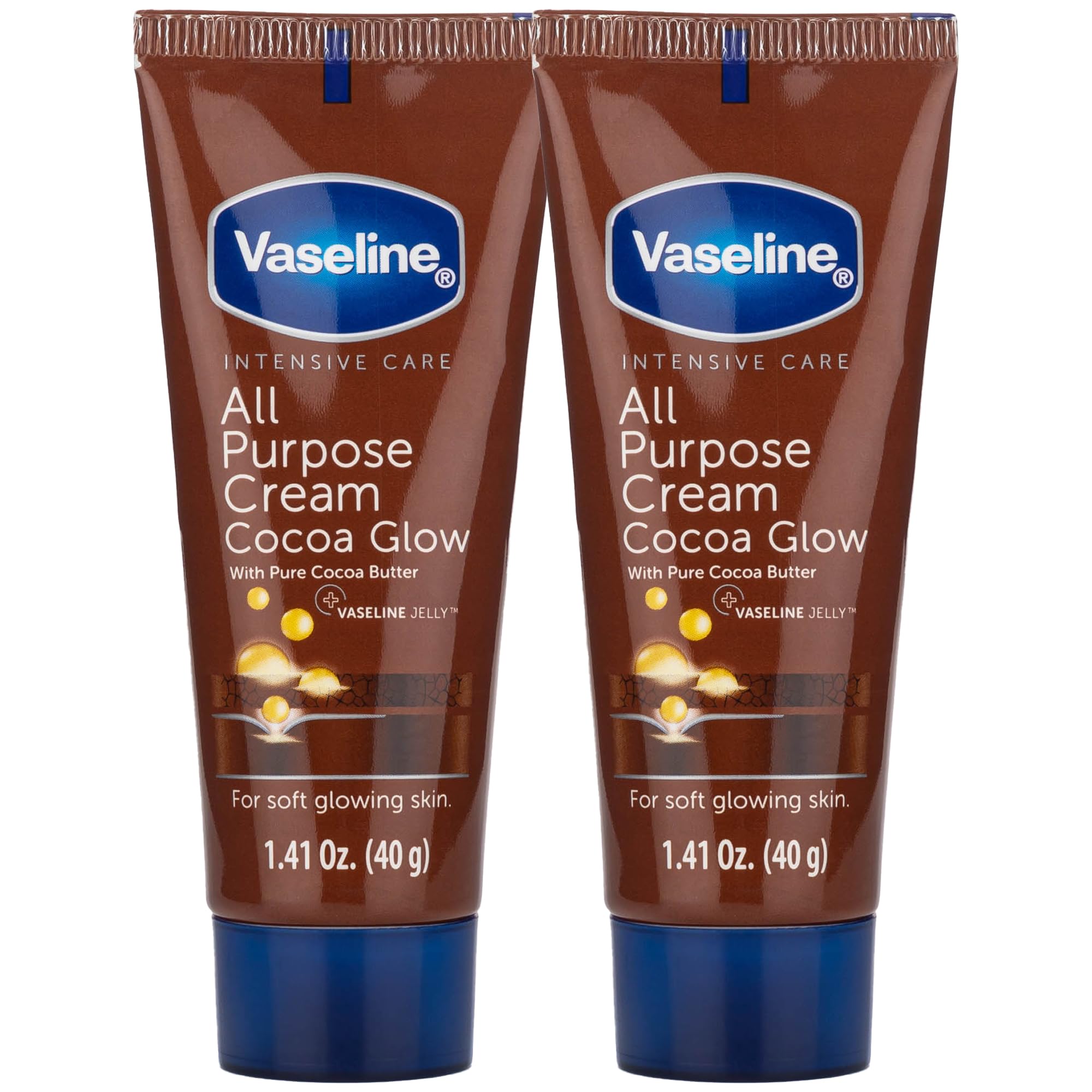 Vaseline Cocoa Glow travel cream two-pack for ultra-dry skin hydration on the go.