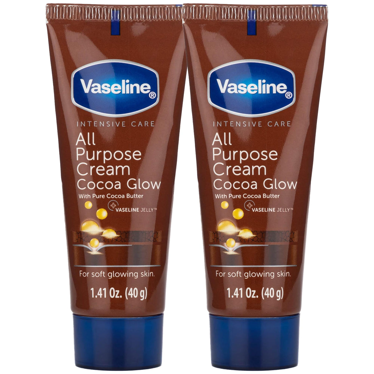 Vaseline Cocoa Glow travel cream two-pack for ultra-dry skin hydration on the go.