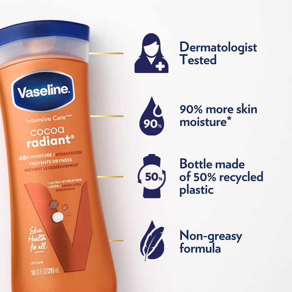 Vaseline Cocoa Radiant lotion packaging highlights cocoa butter formula