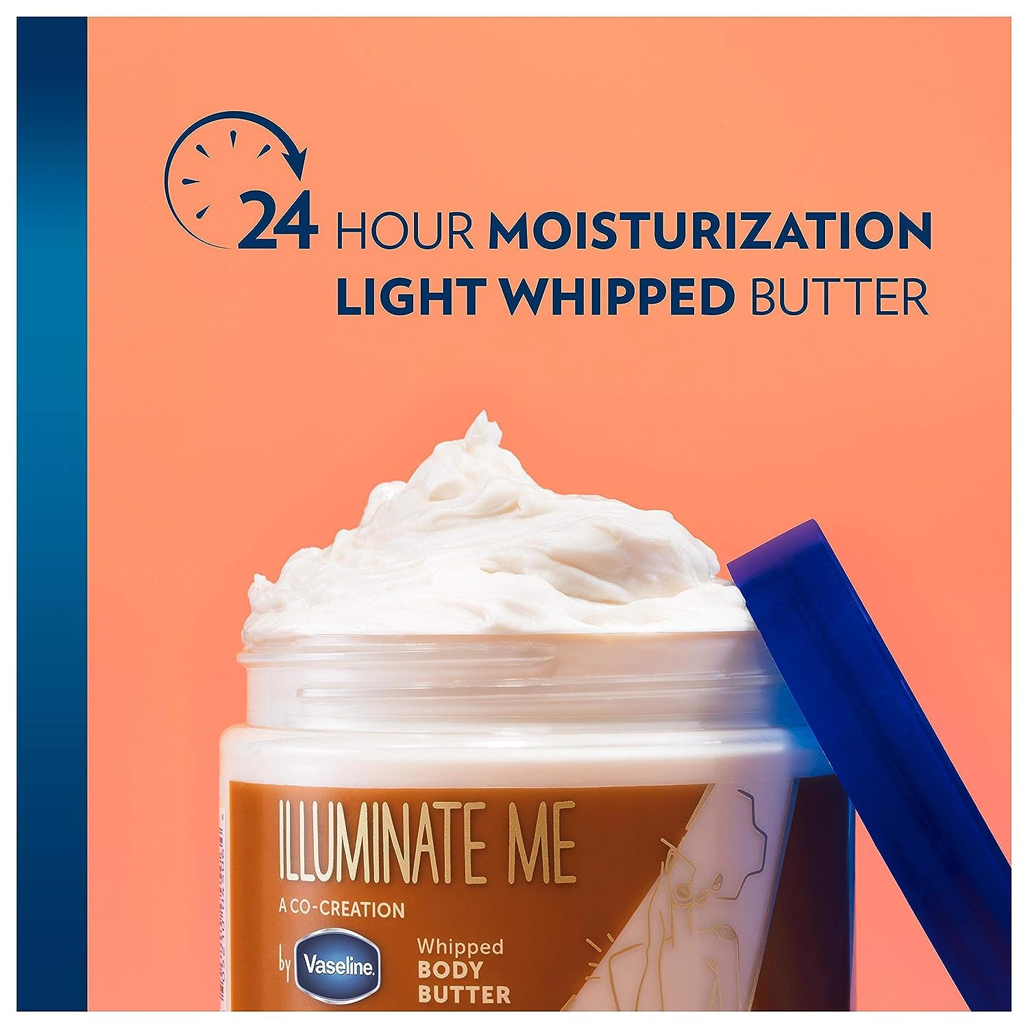 Product shot emphasizing 24-hour moisturization claim for Vaseline Illuminate Me