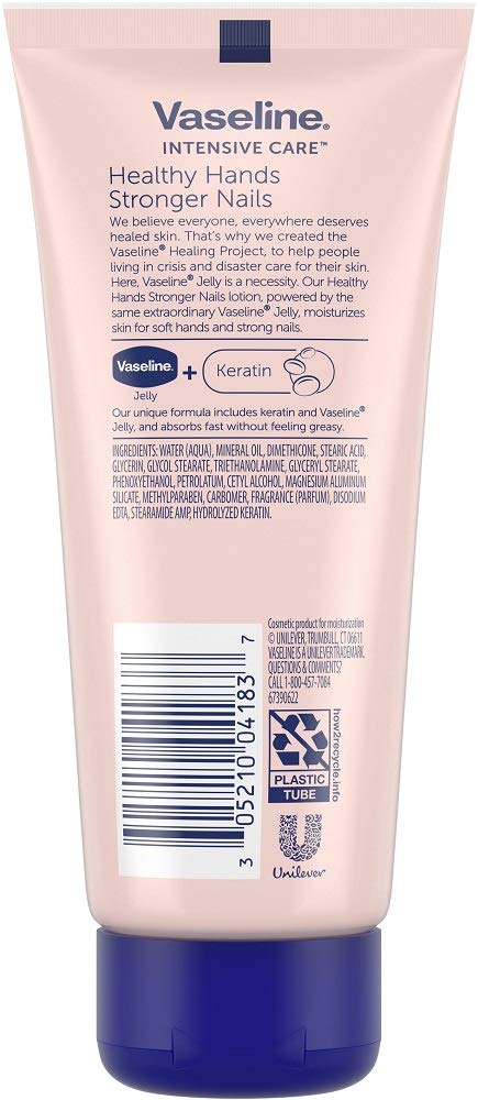 Vaseline Intensive Care lotion being applied on hands in close-up showing quick-absorbing moisture and smoother skin