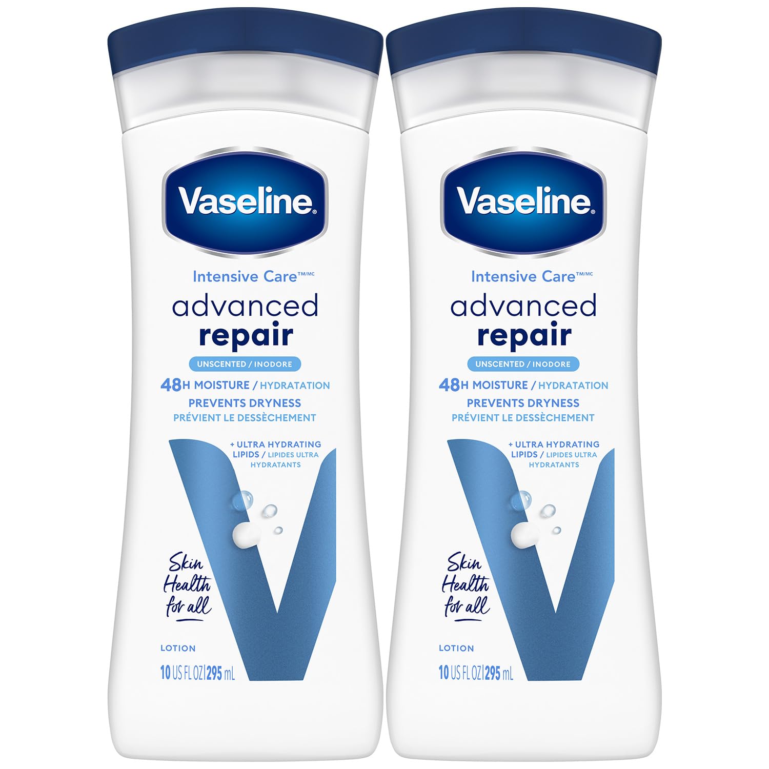 Vaseline Intensive Care Unscented 2-pack packshot showing deep hydration potential