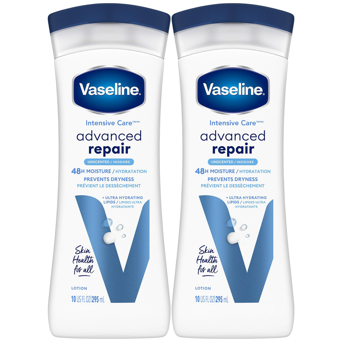 Vaseline Intensive Care Unscented 2-pack packshot showing deep hydration potential