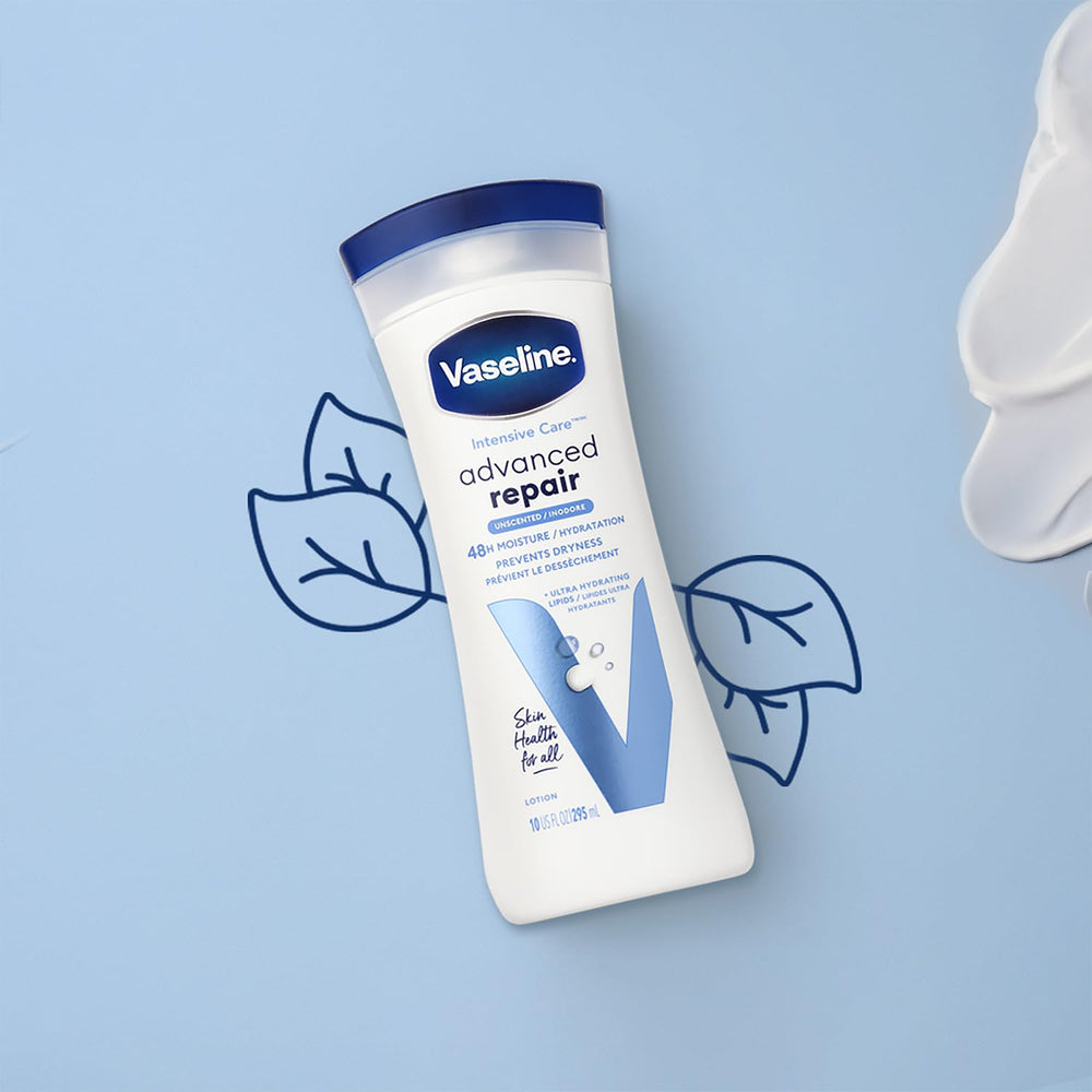 Texture close-up of Vaseline Intensive Care Unscented lotion for non-greasy finish