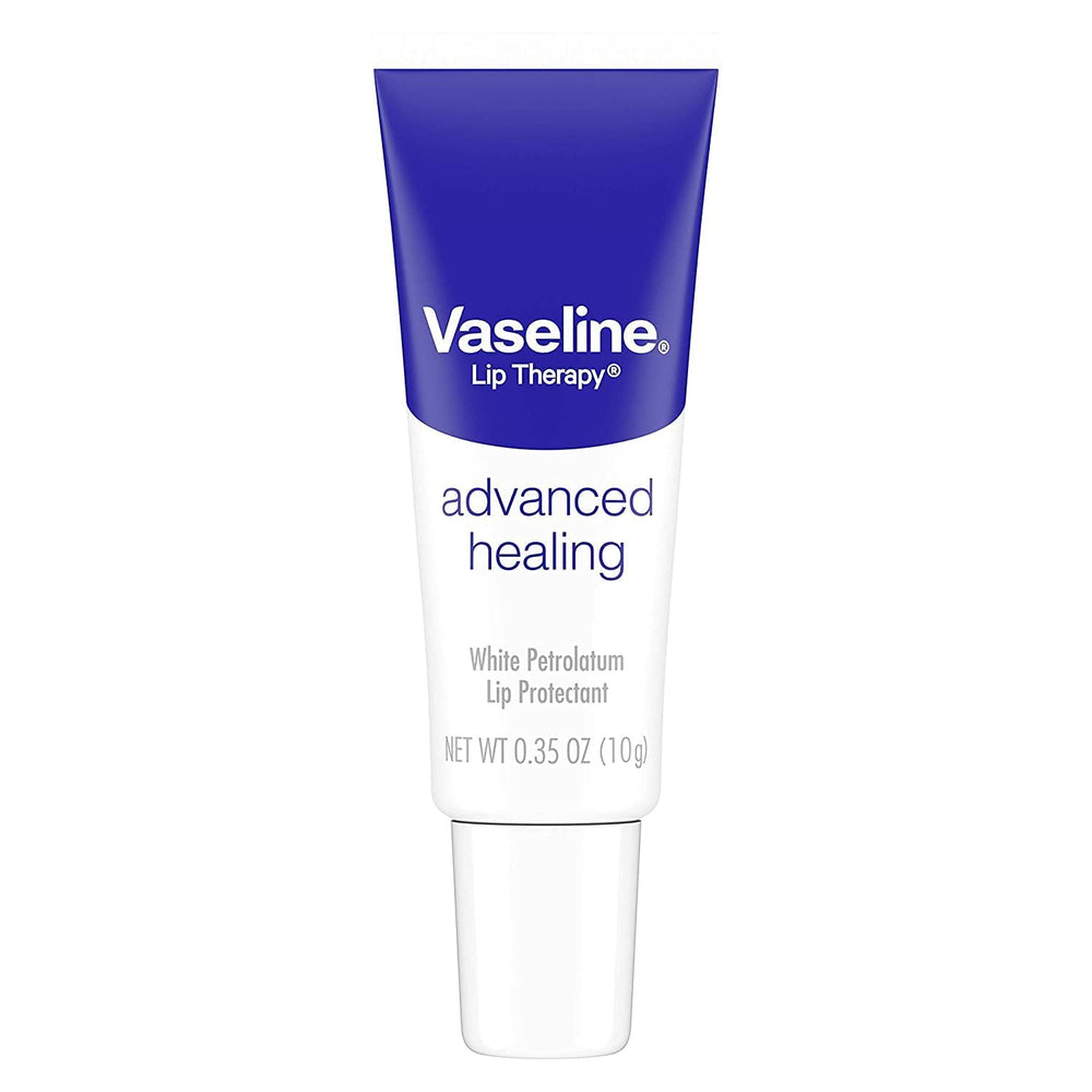 Vaseline Lip Therapy Advanced Formula side-tube depicts slim lip care stick for daily hydration