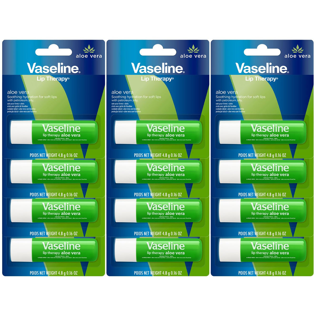 Vaseline Lip Therapy Aloe Fresh 12-pack front view for smooth lip hydration