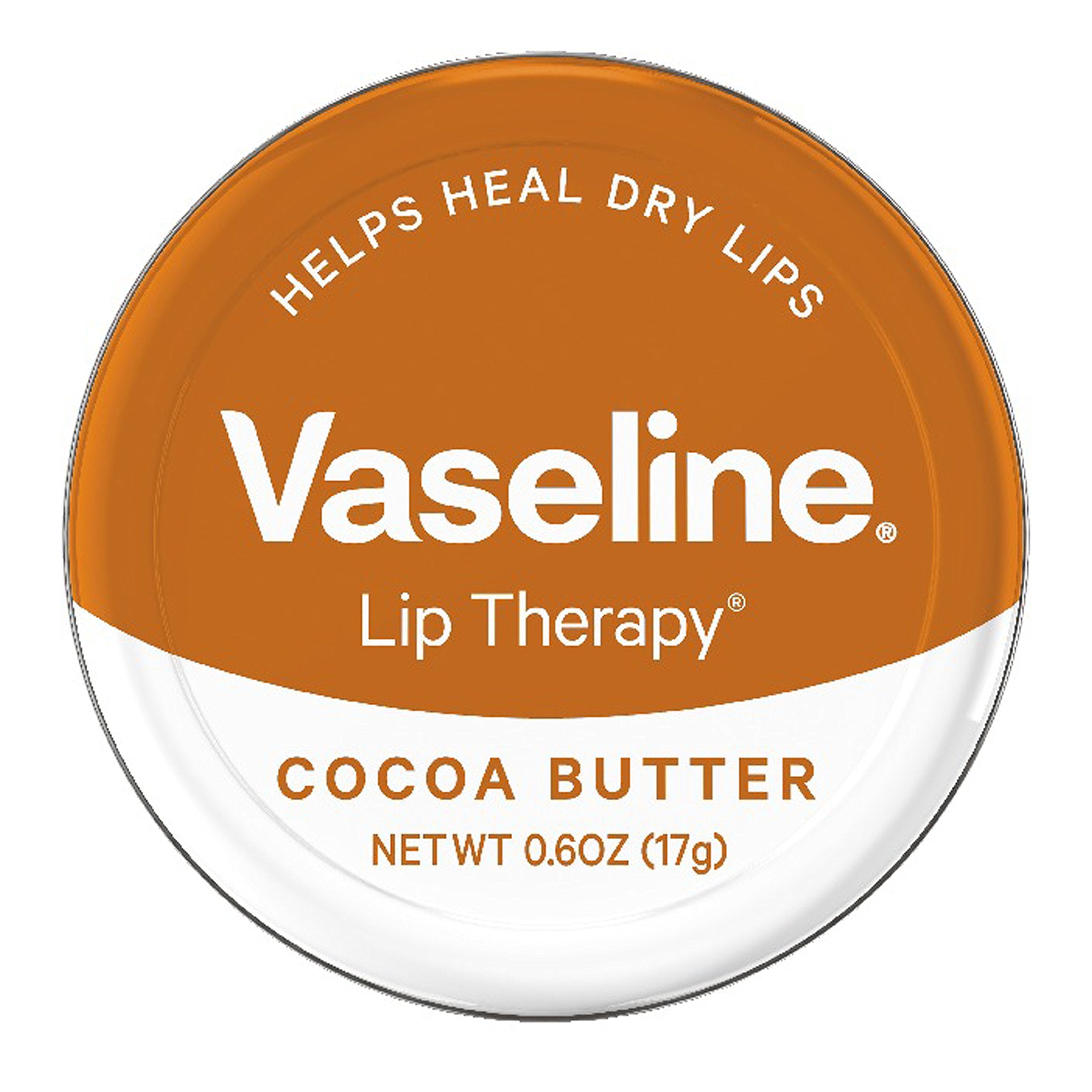 Vaseline Lip Therapy Cocoa Butter tin packshot highlighting deep moisturization for dry lips.