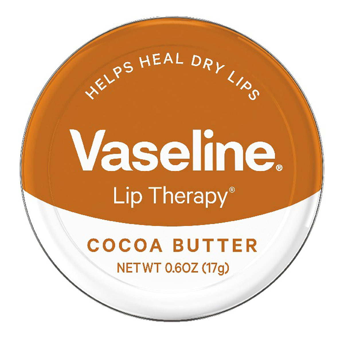 Vaseline Lip Therapy Cocoa Butter tin packshot highlighting deep moisturization for dry lips.