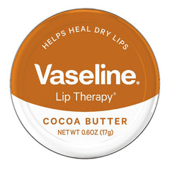 Vaseline Lip Therapy Cocoa Butter tin packshot highlighting deep moisturization for dry lips.