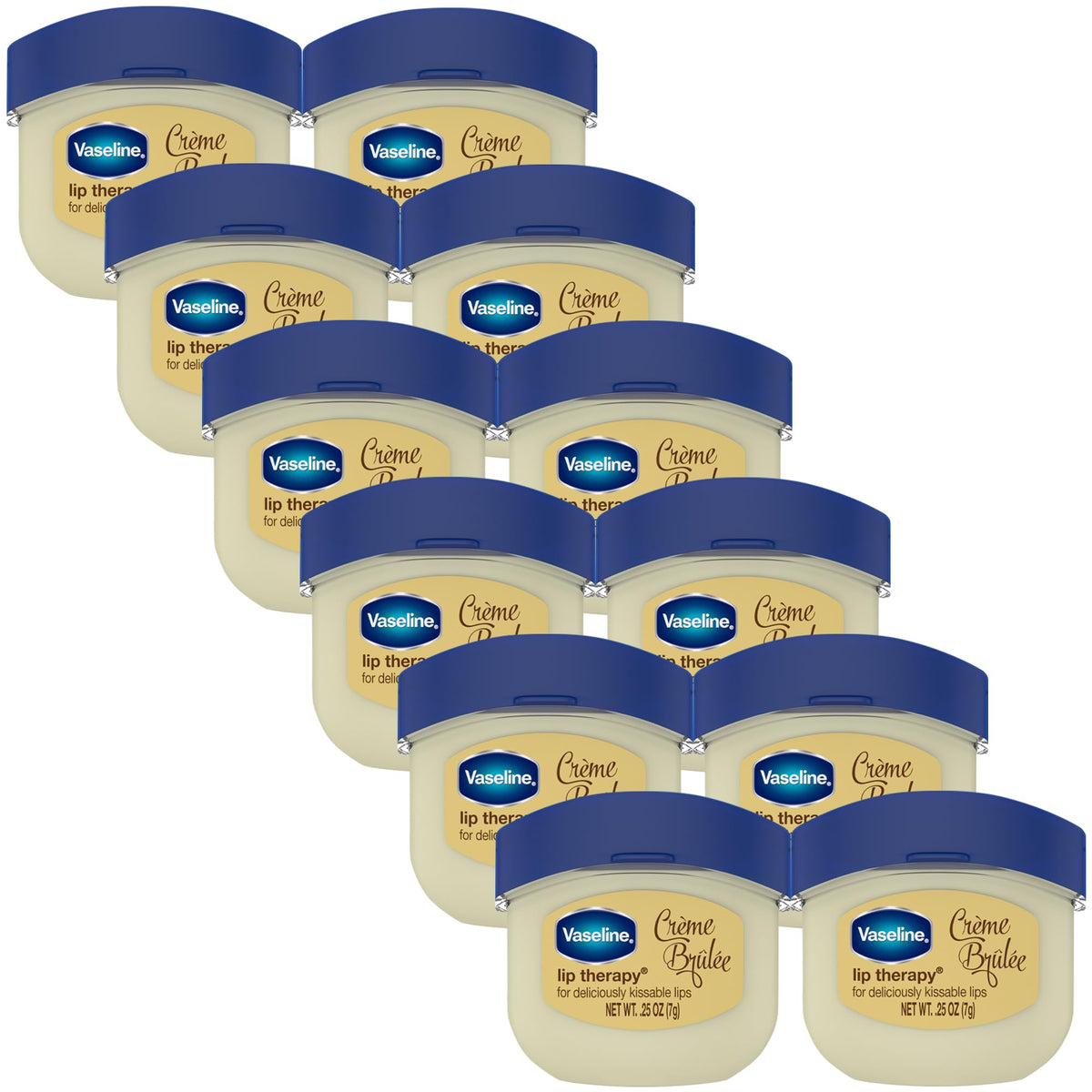 Vaseline Lip Therapy Creme Brulee Mini packaging closeup for on-the-go lip care