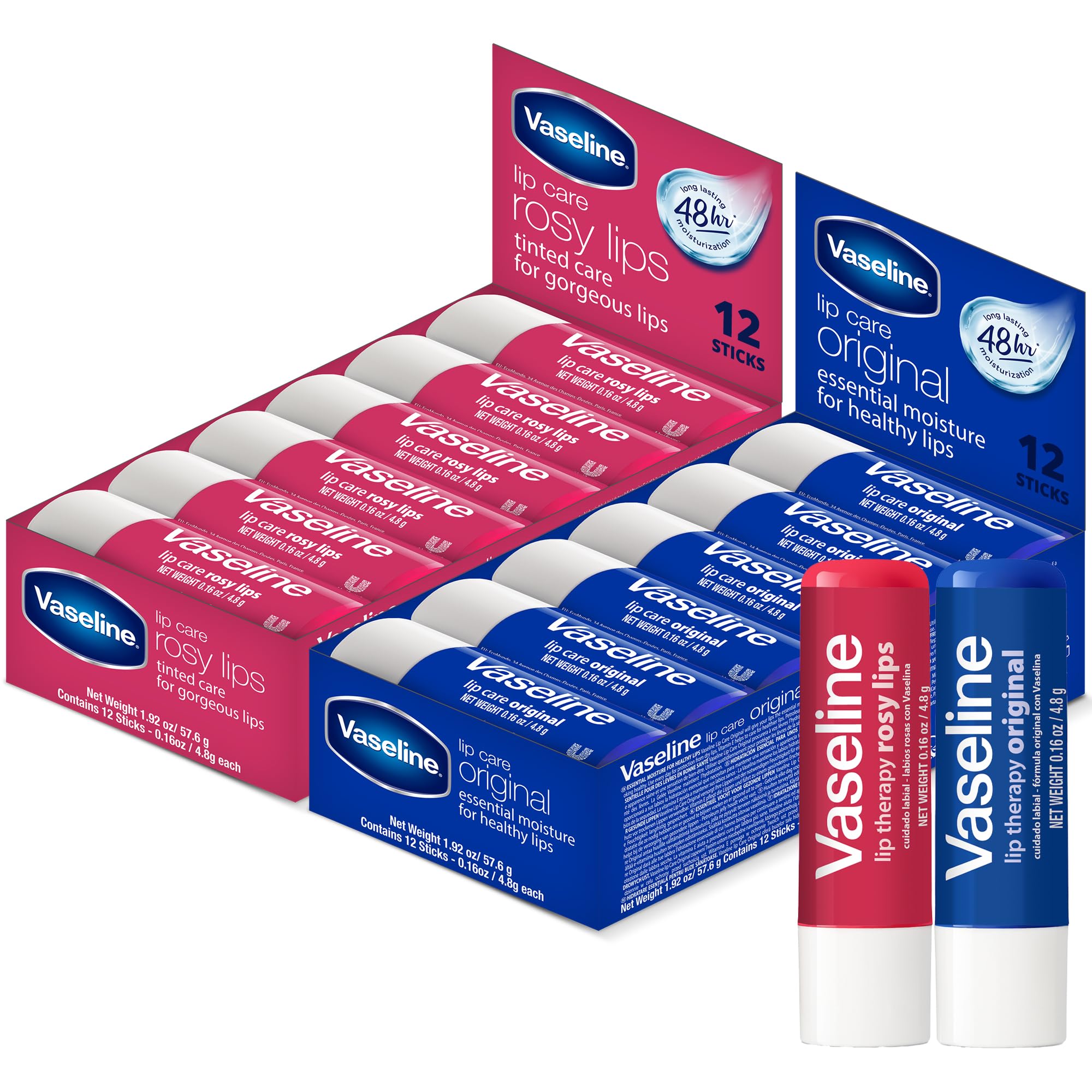 Vaseline Lip Therapy Rosy Lips balm stick on lips with a subtle pink tint and hydration.