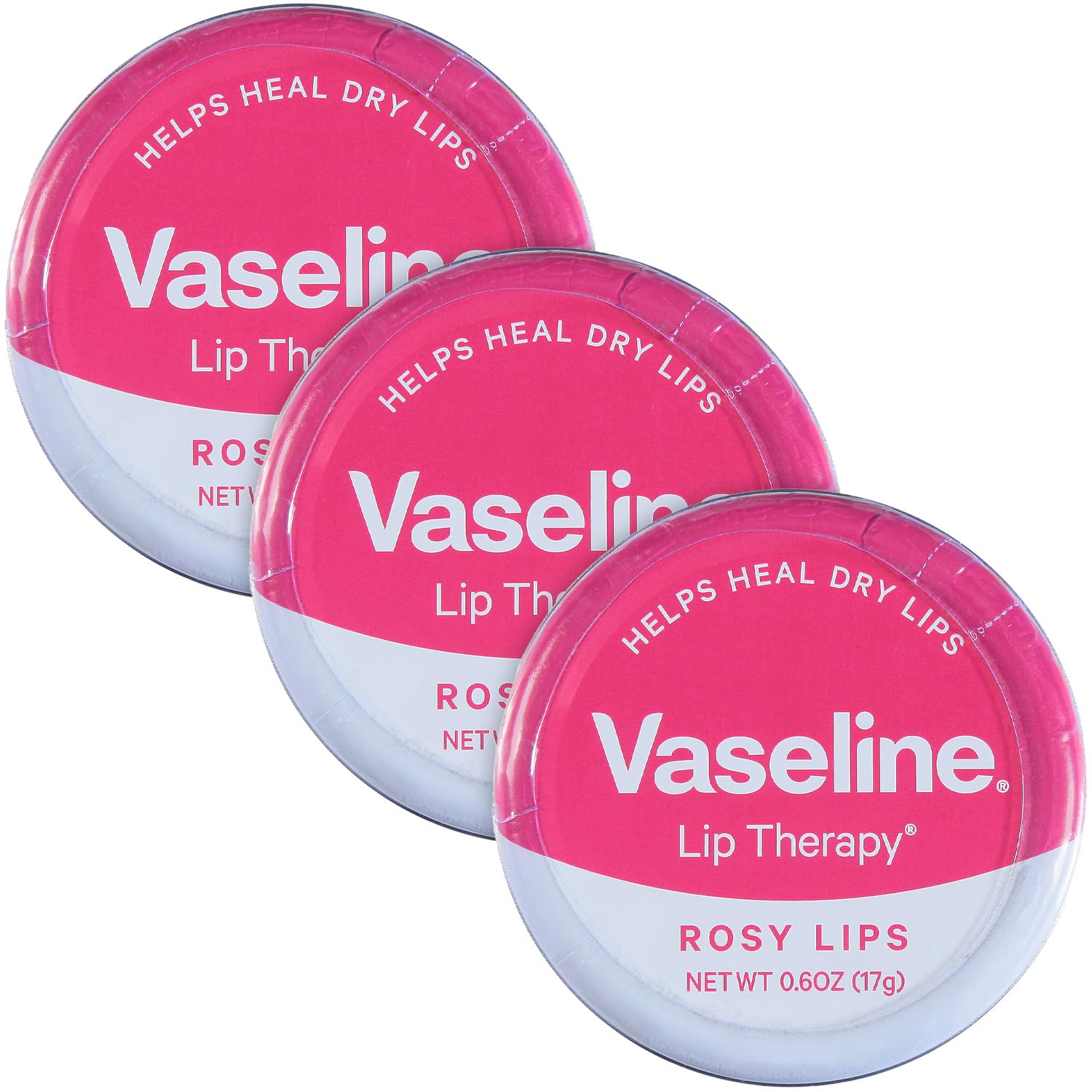 Vaseline Lip Therapy Rosy Lips Tin pack closeup with rosy tint for soft lips