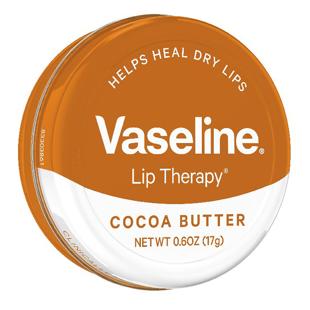 Vaseline Lip Therapy Cocoa Butter texture close-up conveys soothing, protective moisture.