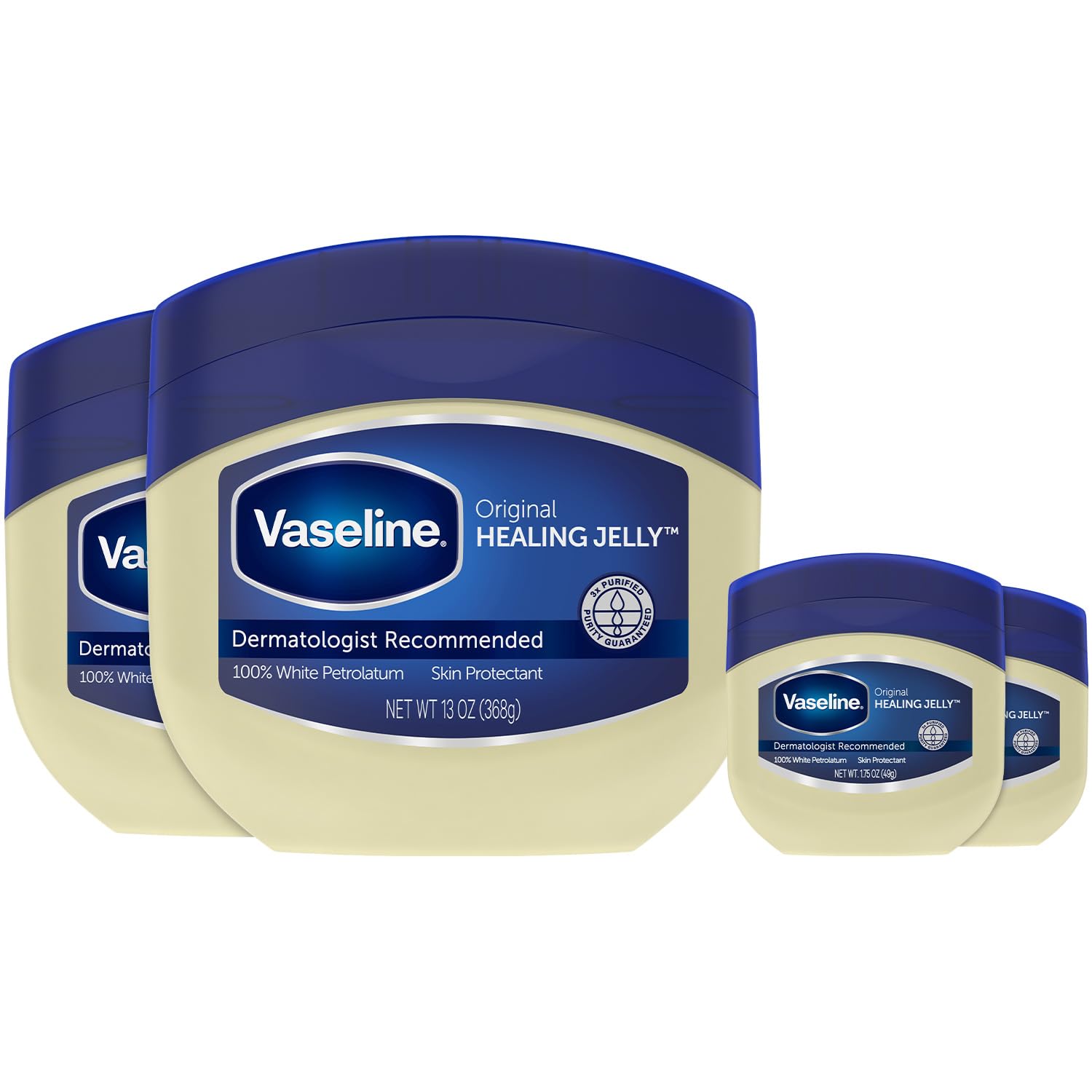 Vaseline petroleum jelly four-pack full-size jars for home use and travel.