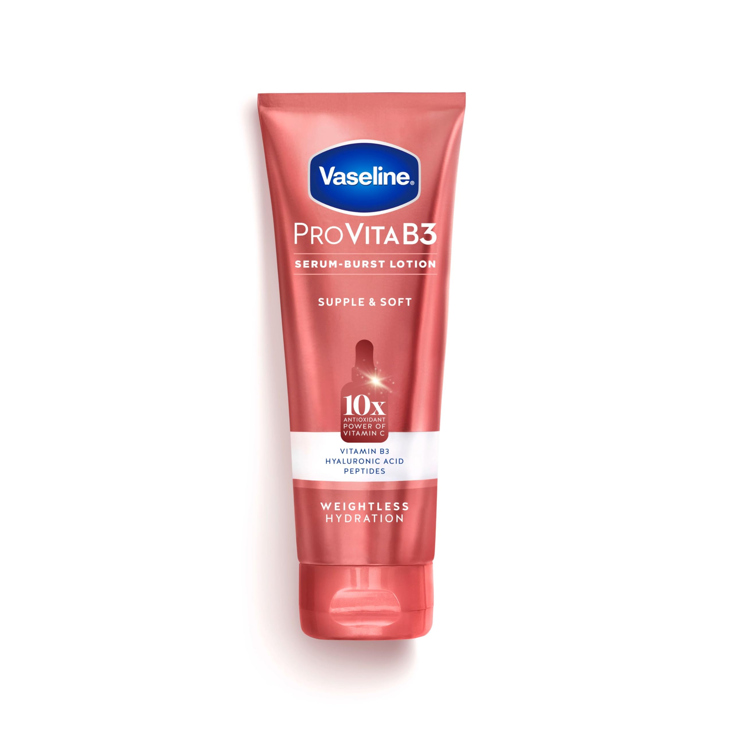 Vaseline Pro VitaB3 Serum Burst Lotion bottle pouring for lightweight hydration.