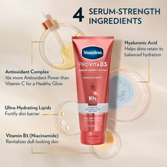 Vaseline Pro VitaB3 formula with Niacinamide, Hyaluronic Acid, Lipids, and Peptides.