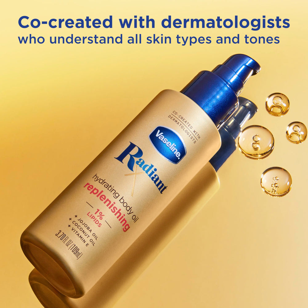 Vaseline Radiant X glow on arms suggests barrier-friendly hydration.