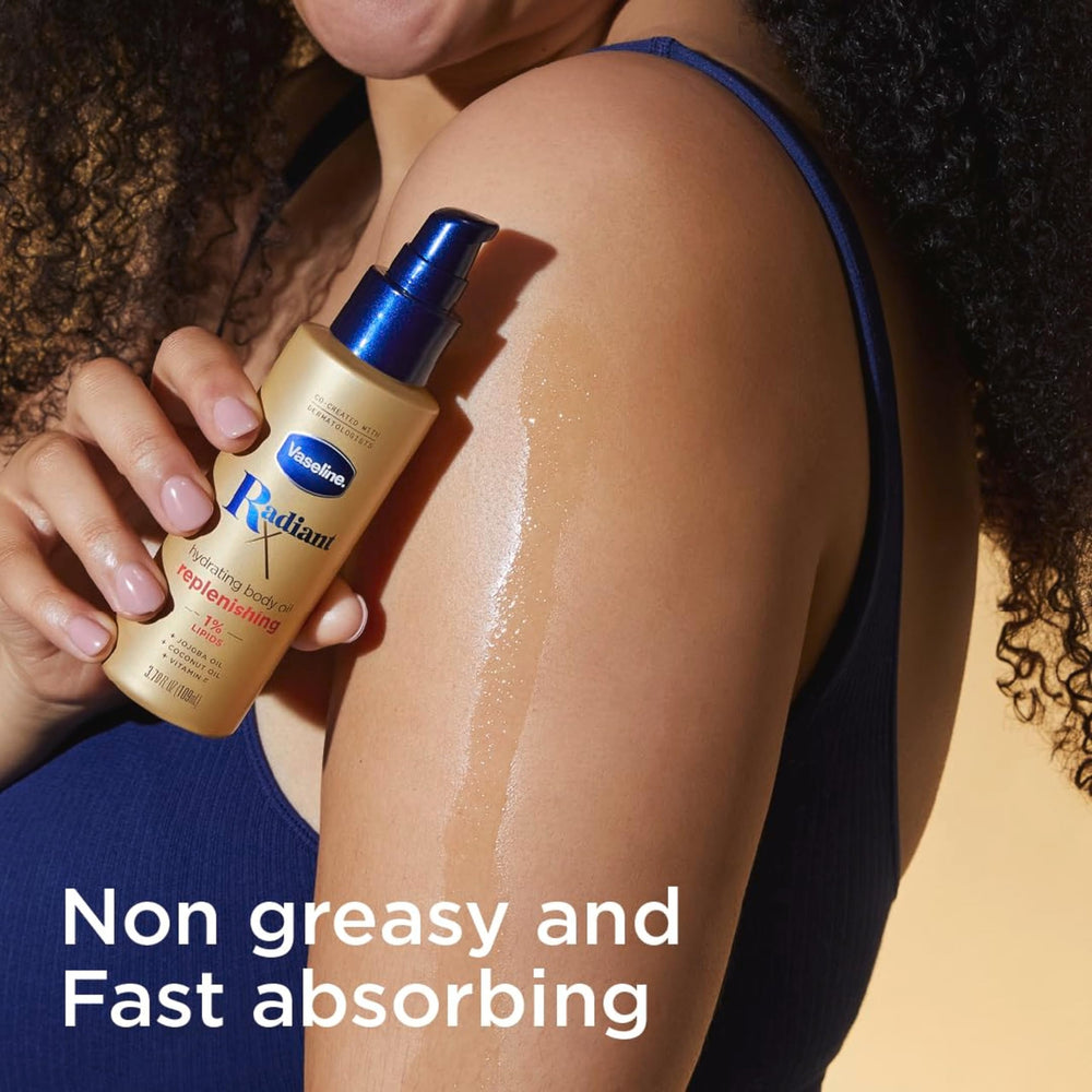 Vaseline Radiant X bottle with sheen highlights lipid-rich formula.