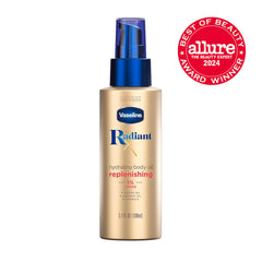 Vaseline Radiant X oil texture close-up shows silky, smooth finish.